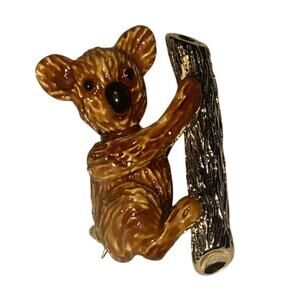 Gerry's Signed Vintage Brown Enamel Koala Bear on Gold Tone Branch Brooch Pin